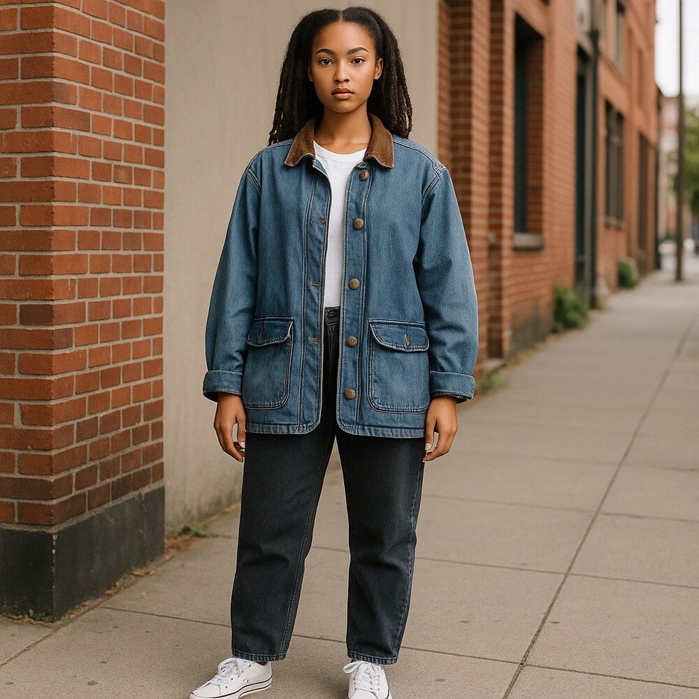 Vintage M.J. Carroll Denim Barn Jacket Women’s S faux Leather Collar  Oversized